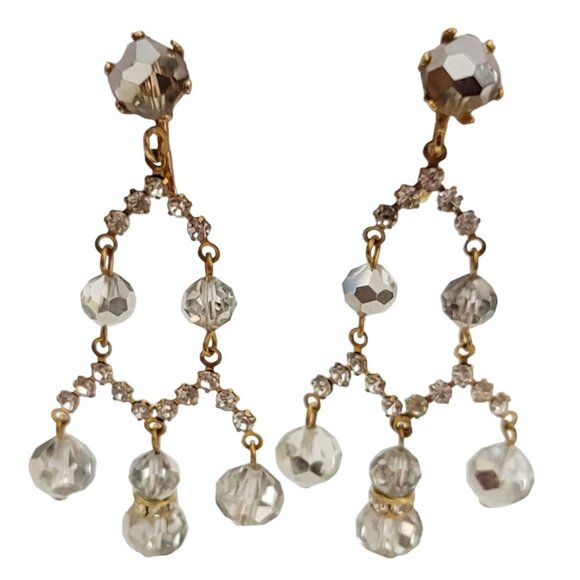 AB Beaded Prong Set Clear Rhinestone Chandelier Clip-On Earrings 2” Long, K130 - Picture 2 of 10